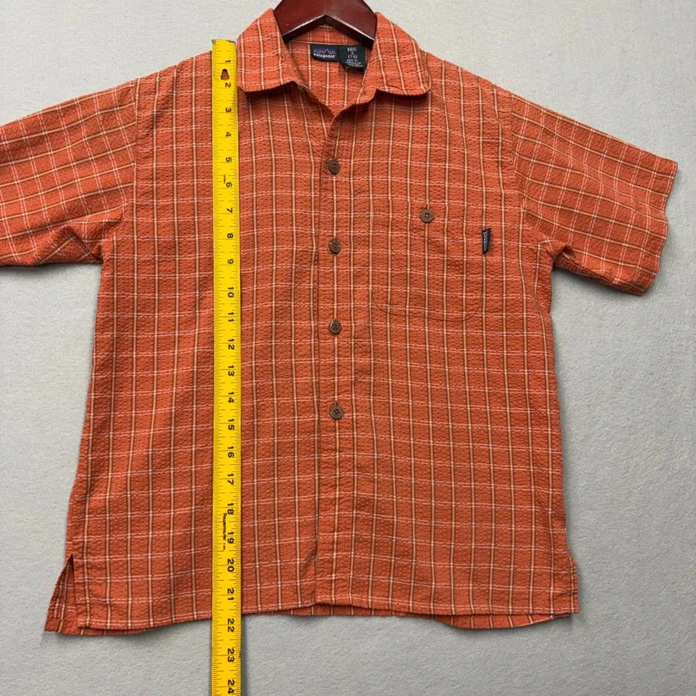 Patagonia Plaid Button Up Shirt Kids Small 7-8 Orange Short Sleeve Gorpcore